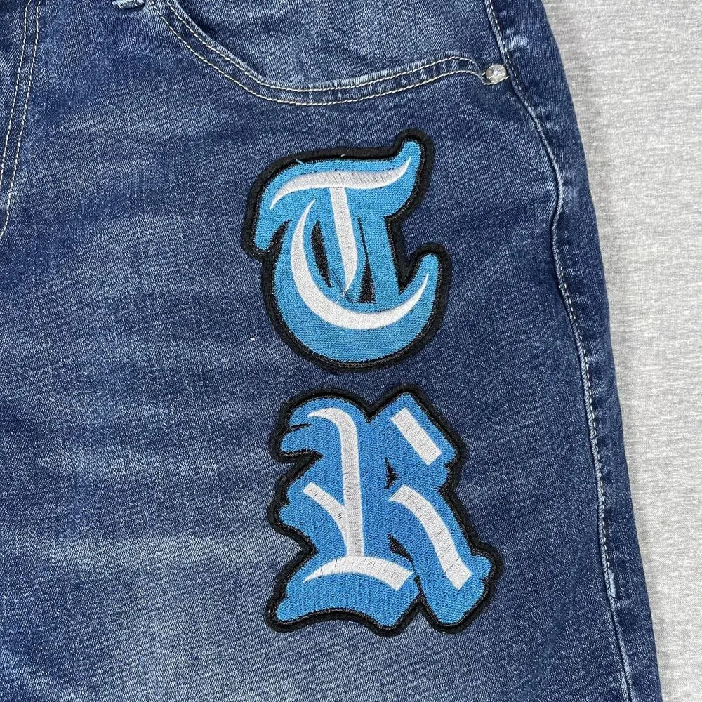 True Religion Bobby Relaxed Baggy Jeans Mens 35x31 Blue Medium Wash Embroidered